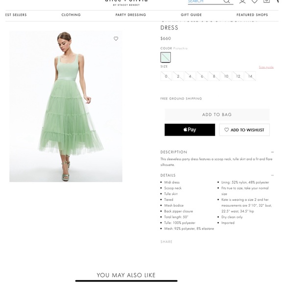 Alice + Olivia Chara Scoop Neck Green Tulle Midi Dress - Picture 3 of 16